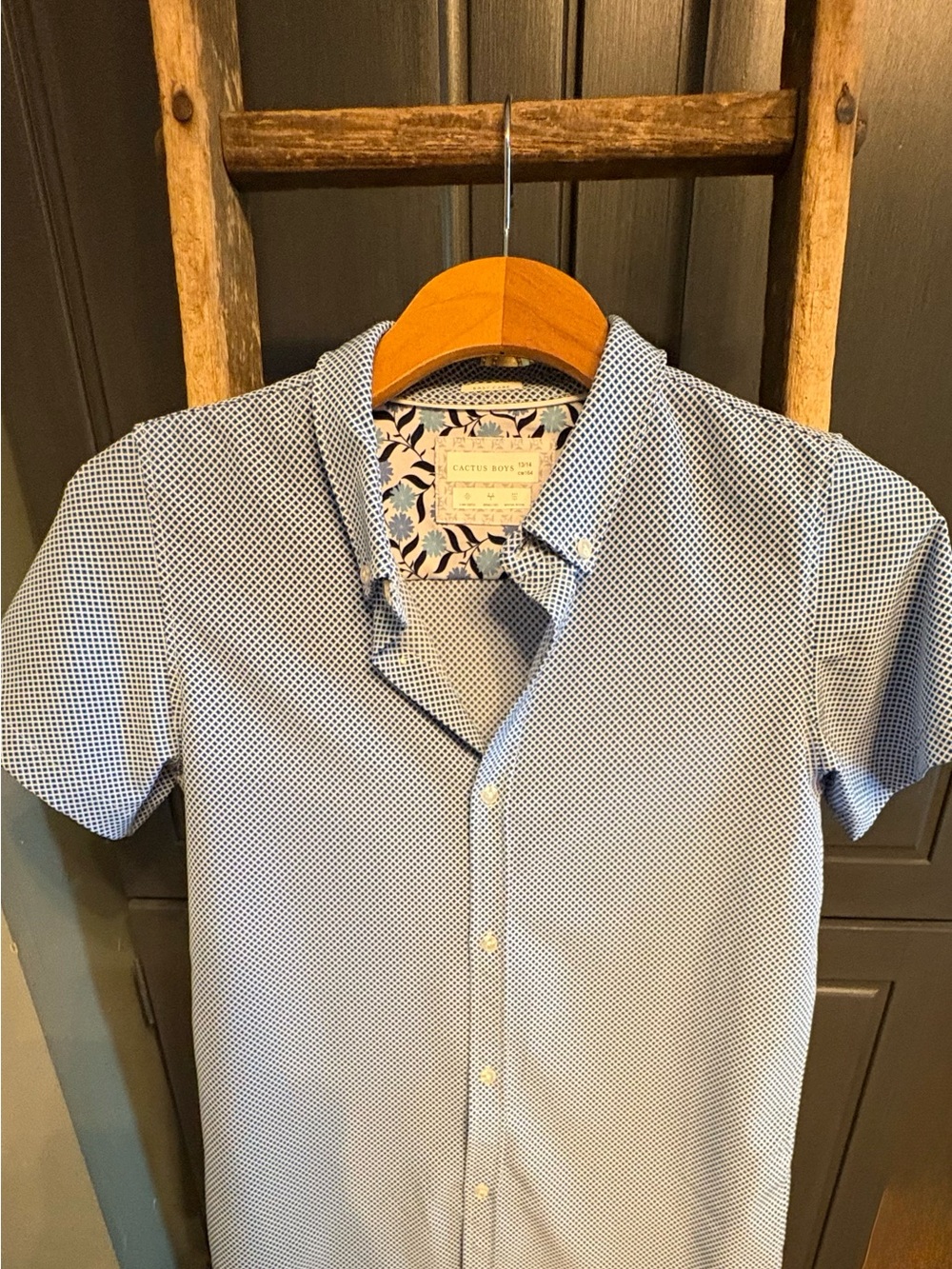 Cactus Short-Sleeve Light Blue Micro-Pattern Button-Down Shirt